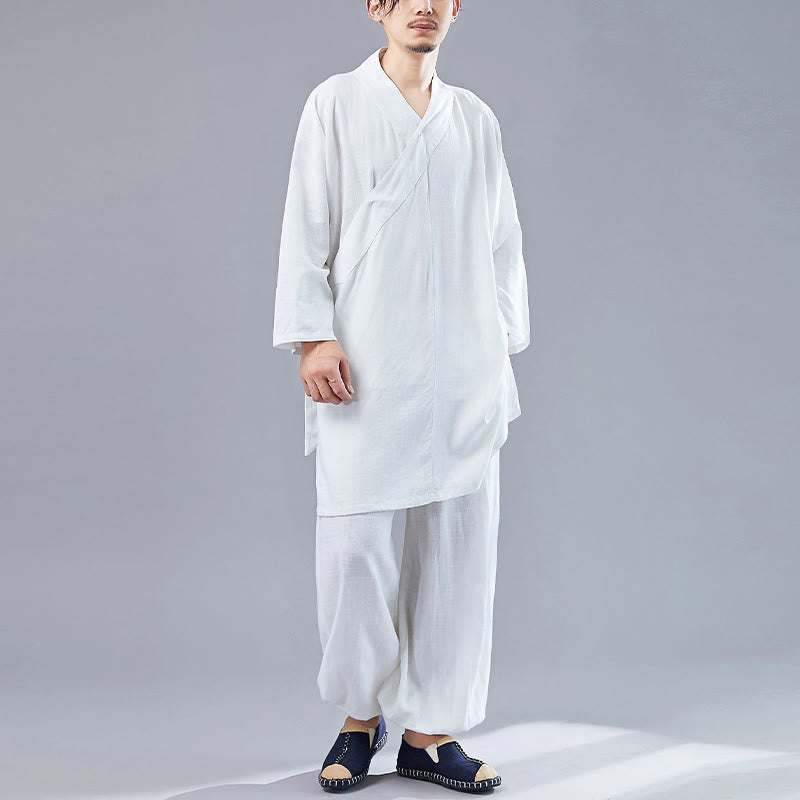 Buddha Stones 2点 Vネック メンズ 長袖シャツ トップパンツ 瞑想 禅 太極拳 コットンリネン 衣類セット - image 4