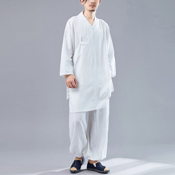Buddha Stones 2点 Vネック メンズ 長袖シャツ トップパンツ 瞑想 禅 太極拳 コットンリネン 衣類セット - image 4