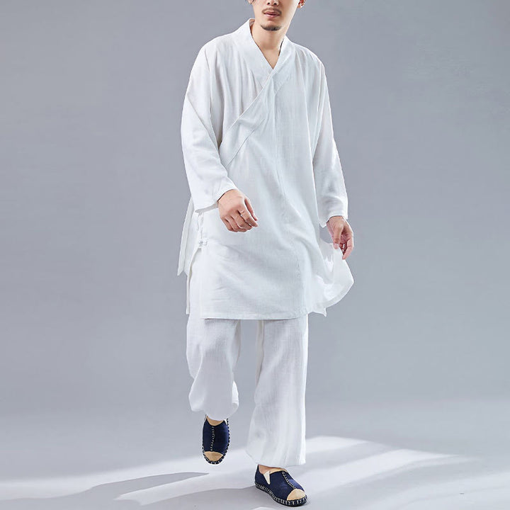Buddha Stones 2点 Vネック メンズ 長袖シャツ トップパンツ 瞑想 禅 太極拳 コットンリネン 衣類セット - image 5