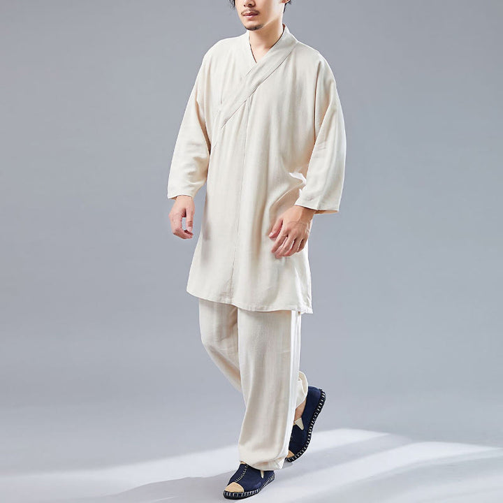 Buddha Stones 2点 Vネック メンズ 長袖シャツ トップパンツ 瞑想 禅 太極拳 コットンリネン 衣類セット - image 11