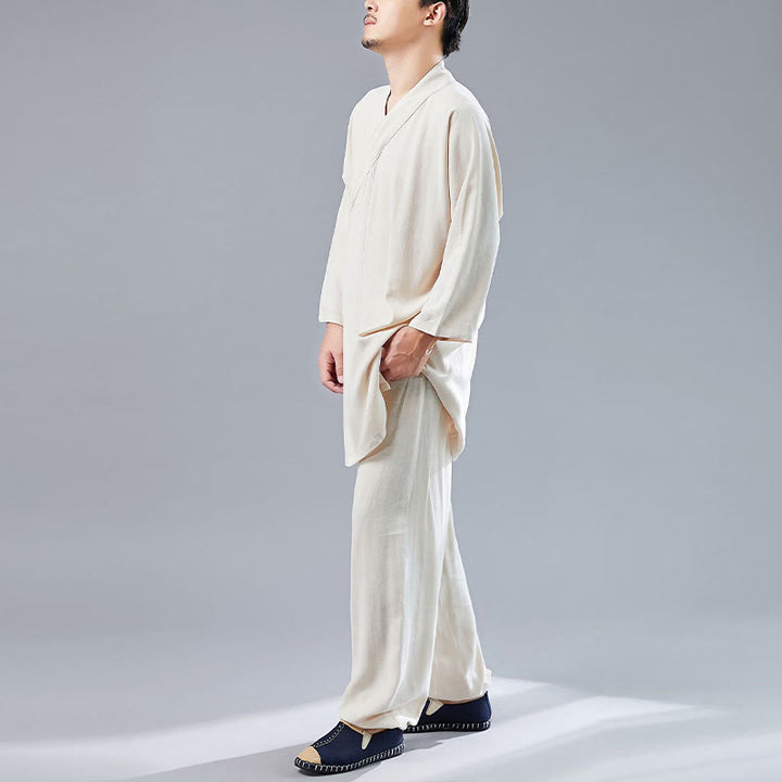Buddha Stones 2点 Vネック メンズ 長袖シャツ トップパンツ 瞑想 禅 太極拳 コットンリネン 衣類セット - image 13