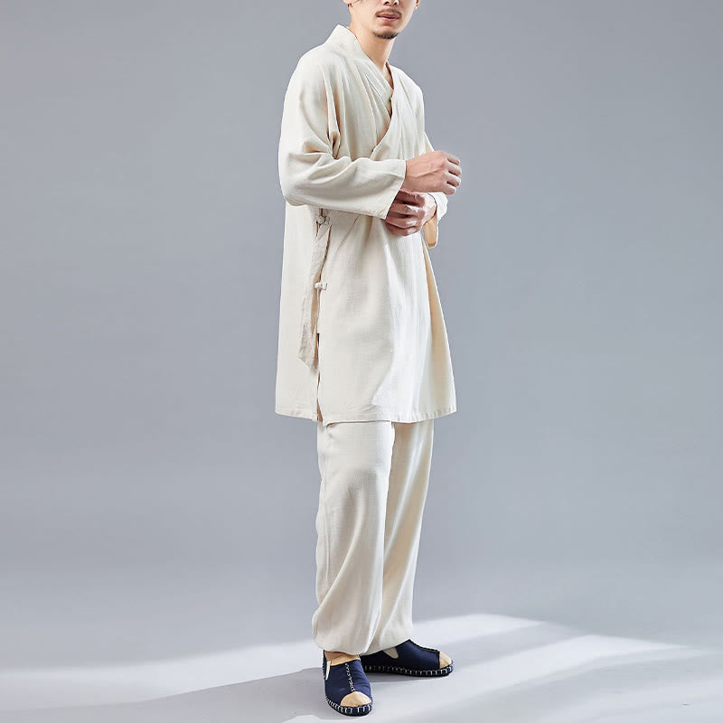 Buddha Stones 2点 Vネック メンズ 長袖シャツ トップパンツ 瞑想 禅 太極拳 コットンリネン 衣類セット - image 12