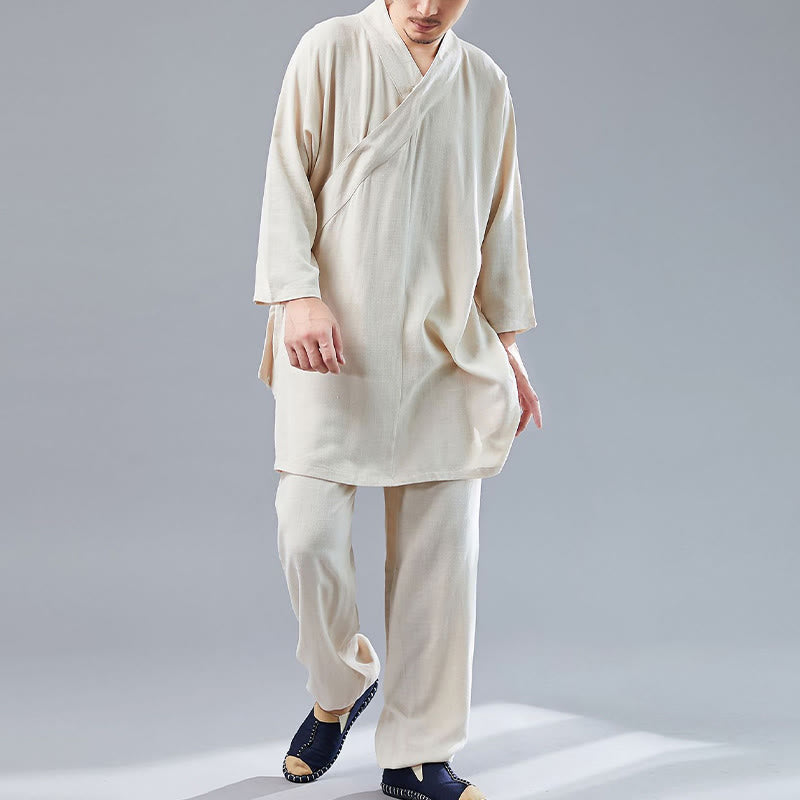 Buddha Stones 2点 Vネック メンズ 長袖シャツ トップパンツ 瞑想 禅 太極拳 コットンリネン 衣類セット - image 14