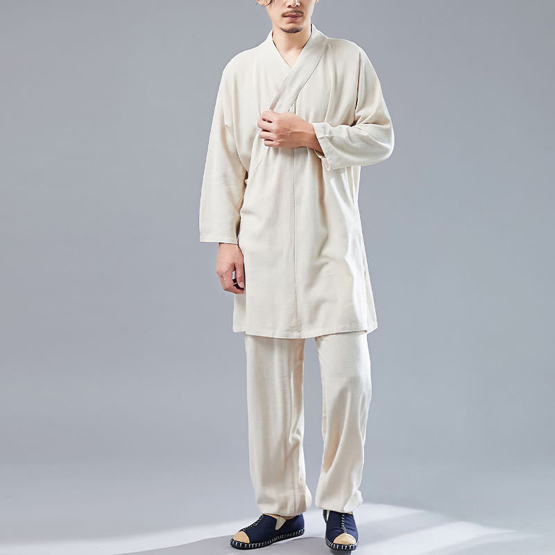 Buddha Stones 2点 Vネック メンズ 長袖シャツ トップパンツ 瞑想 禅 太極拳 コットンリネン 衣類セット - image 9