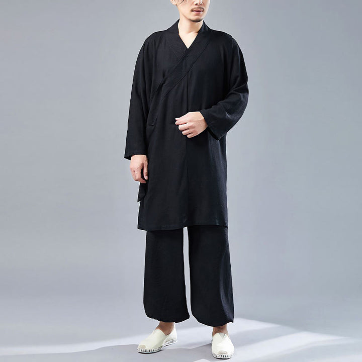 Buddha Stones 2点 Vネック メンズ 長袖シャツ トップパンツ 瞑想 禅 太極拳 コットンリネン 衣類セット - 黒 - US/UK/AU42、 EU52 (XL)  - image 21