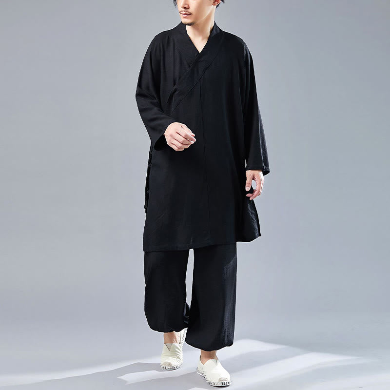 Buddha Stones 2点 Vネック メンズ 長袖シャツ トップパンツ 瞑想 禅 太極拳 コットンリネン 衣類セット - image 28