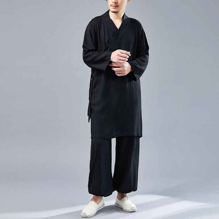 Buddha Stones 2点 Vネック メンズ 長袖シャツ トップパンツ 瞑想 禅 太極拳 コットンリネン 衣類セット - image 22