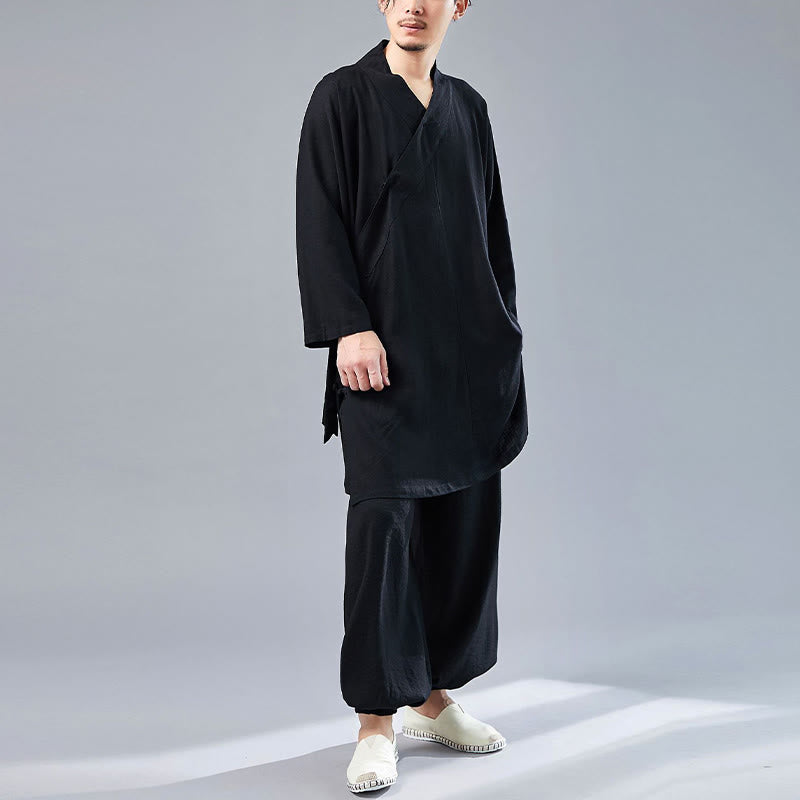 Buddha Stones 2点 Vネック メンズ 長袖シャツ トップパンツ 瞑想 禅 太極拳 コットンリネン 衣類セット - image 29