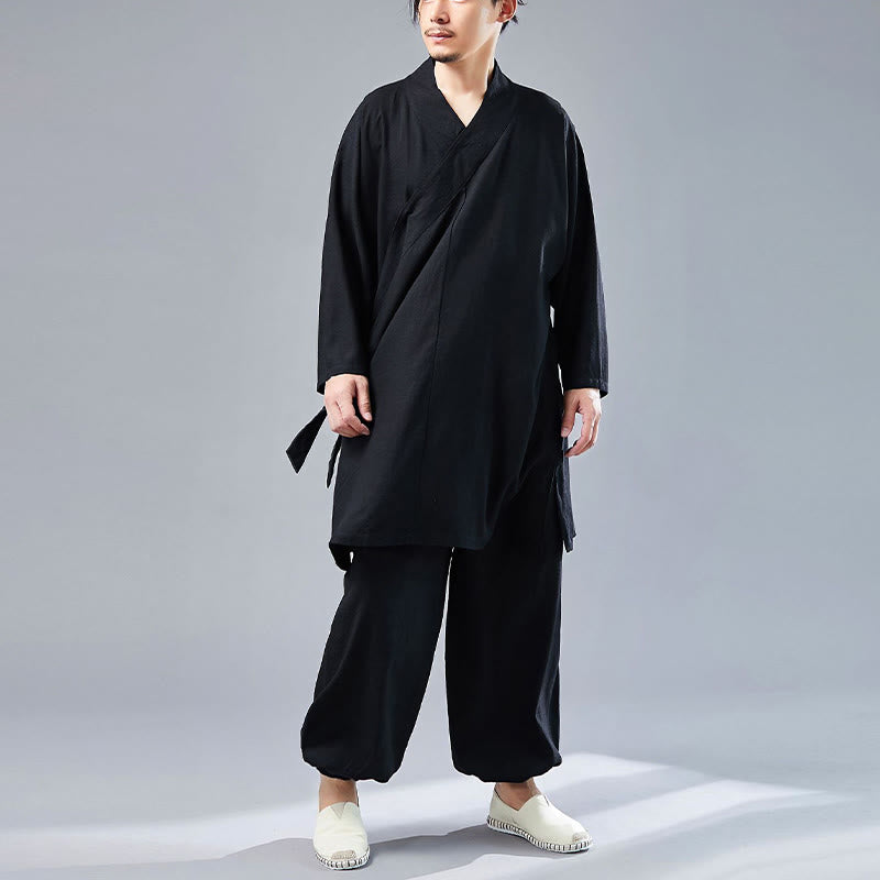 Buddha Stones 2点 Vネック メンズ 長袖シャツ トップパンツ 瞑想 禅 太極拳 コットンリネン 衣類セット - image 26