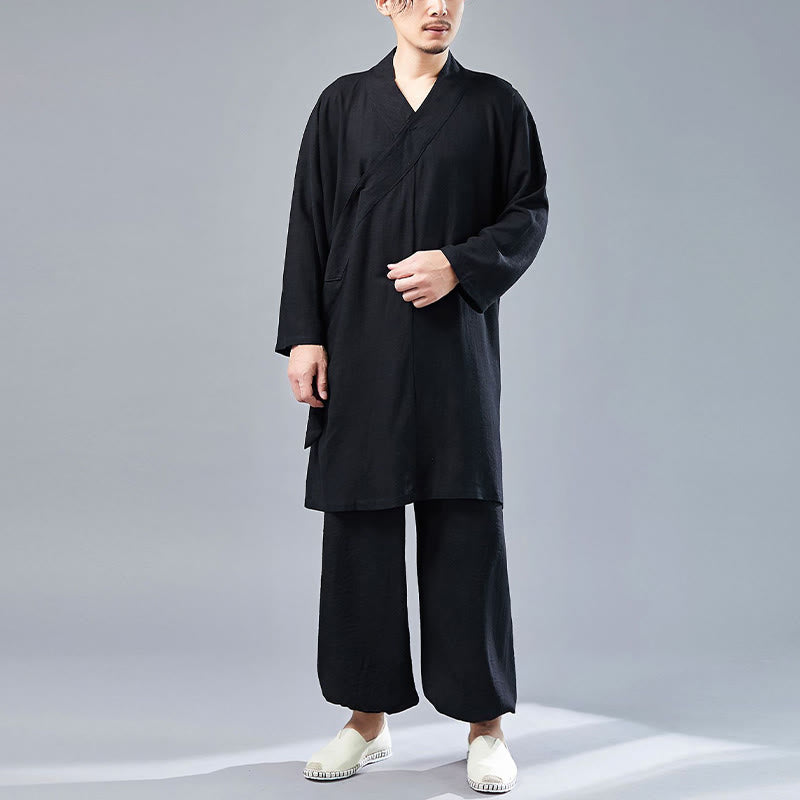 Buddha Stones 2点 Vネック メンズ 長袖シャツ トップパンツ 瞑想 禅 太極拳 コットンリネン 衣類セット - image 25