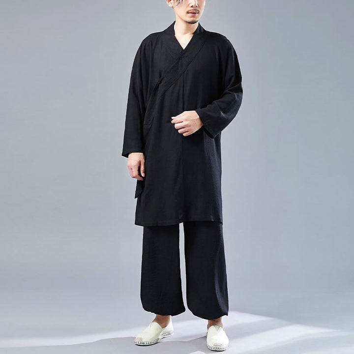 Buddha Stones 2点 Vネック メンズ 長袖シャツ トップパンツ 瞑想 禅 太極拳 コットンリネン 衣類セット - image 25