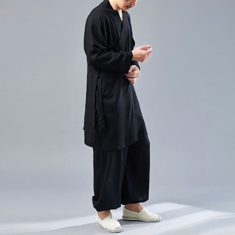 Buddha Stones 2点 Vネック メンズ 長袖シャツ トップパンツ 瞑想 禅 太極拳 コットンリネン 衣類セット - image 24