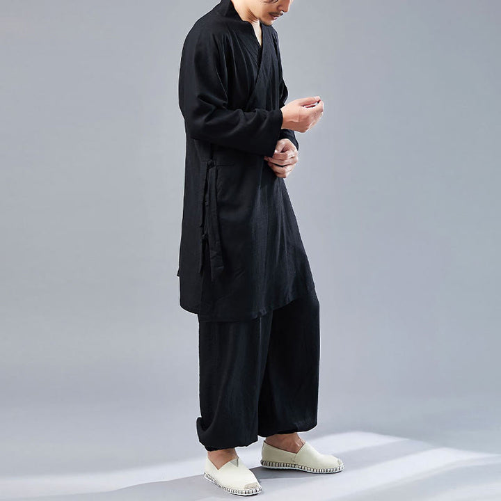 Buddha Stones 2点 Vネック メンズ 長袖シャツ トップパンツ 瞑想 禅 太極拳 コットンリネン 衣類セット - image 24