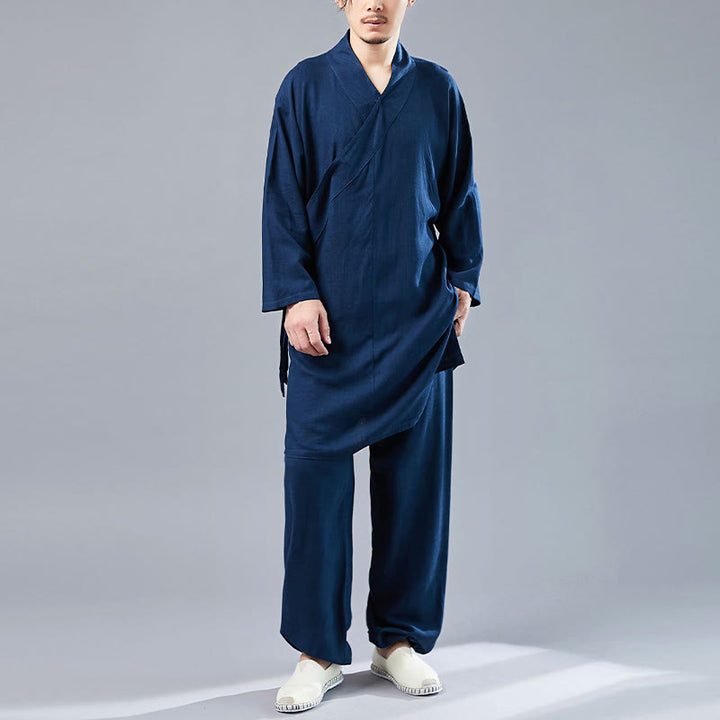 Buddha Stones 2点 Vネック メンズ 長袖シャツ トップパンツ 瞑想 禅 太極拳 コットンリネン 衣類セット - スティールブルー - US/UK/AU42、 EU52 (XL)  - image 31