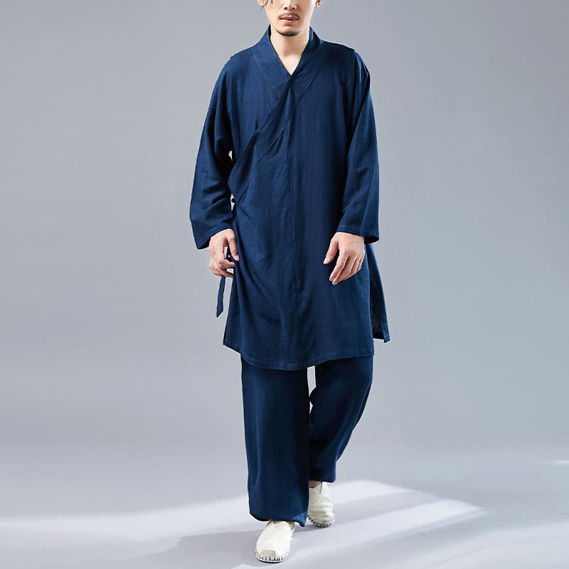 Buddha Stones 2点 Vネック メンズ 長袖シャツ トップパンツ 瞑想 禅 太極拳 コットンリネン 衣類セット - image 32
