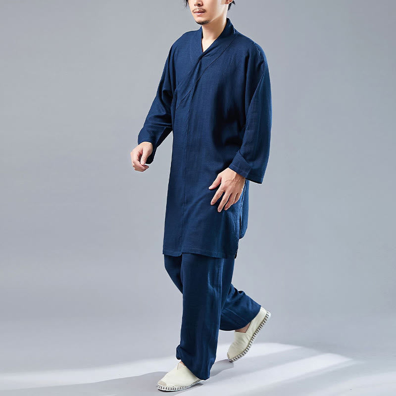 Buddha Stones 2点 Vネック メンズ 長袖シャツ トップパンツ 瞑想 禅 太極拳 コットンリネン 衣類セット - image 35