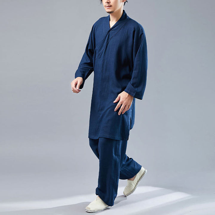 Buddha Stones 2点 Vネック メンズ 長袖シャツ トップパンツ 瞑想 禅 太極拳 コットンリネン 衣類セット - image 35