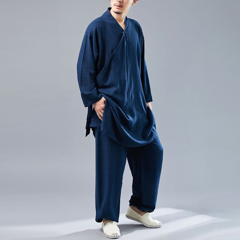 Buddha Stones 2点 Vネック メンズ 長袖シャツ トップパンツ 瞑想 禅 太極拳 コットンリネン 衣類セット - image 39