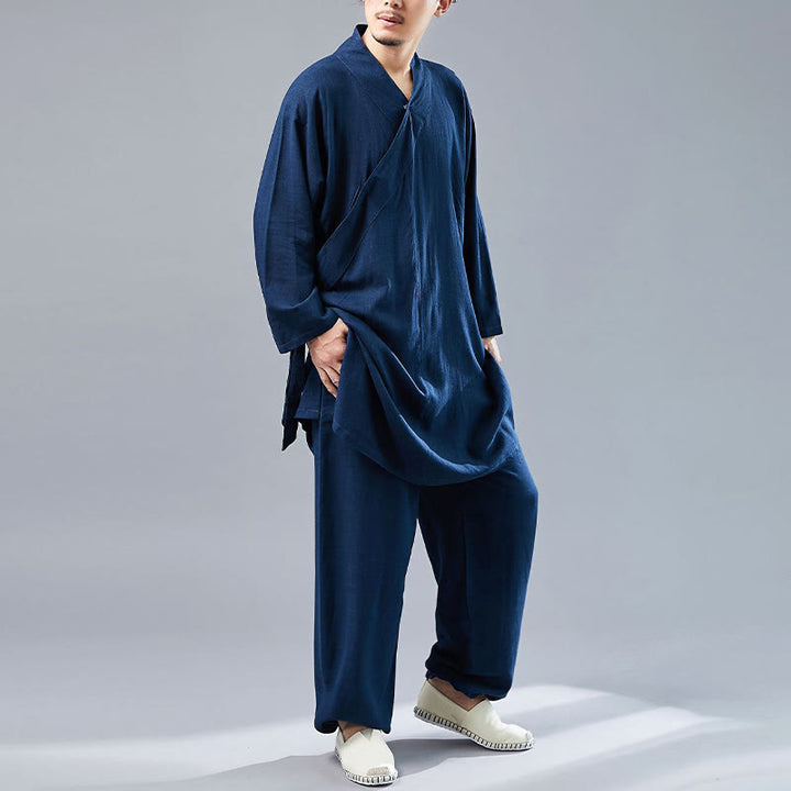 Buddha Stones 2点 Vネック メンズ 長袖シャツ トップパンツ 瞑想 禅 太極拳 コットンリネン 衣類セット - image 39