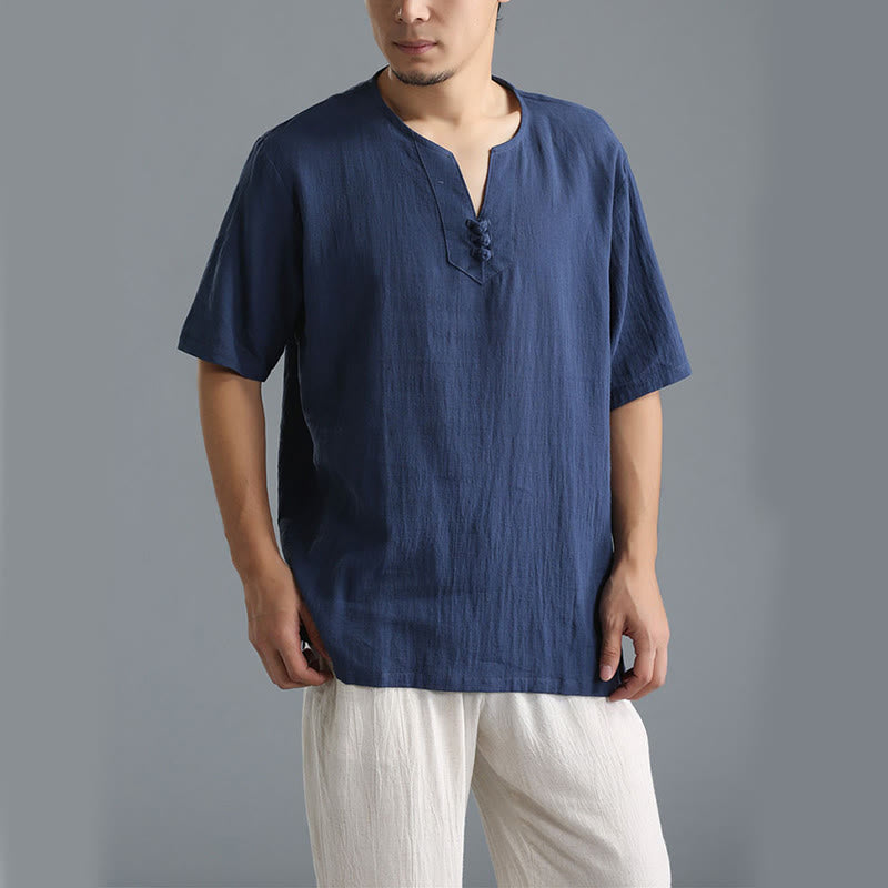 Buddha Stonesメンズ 無地 Vネック ボタン 半袖 コットンリネン シャツ