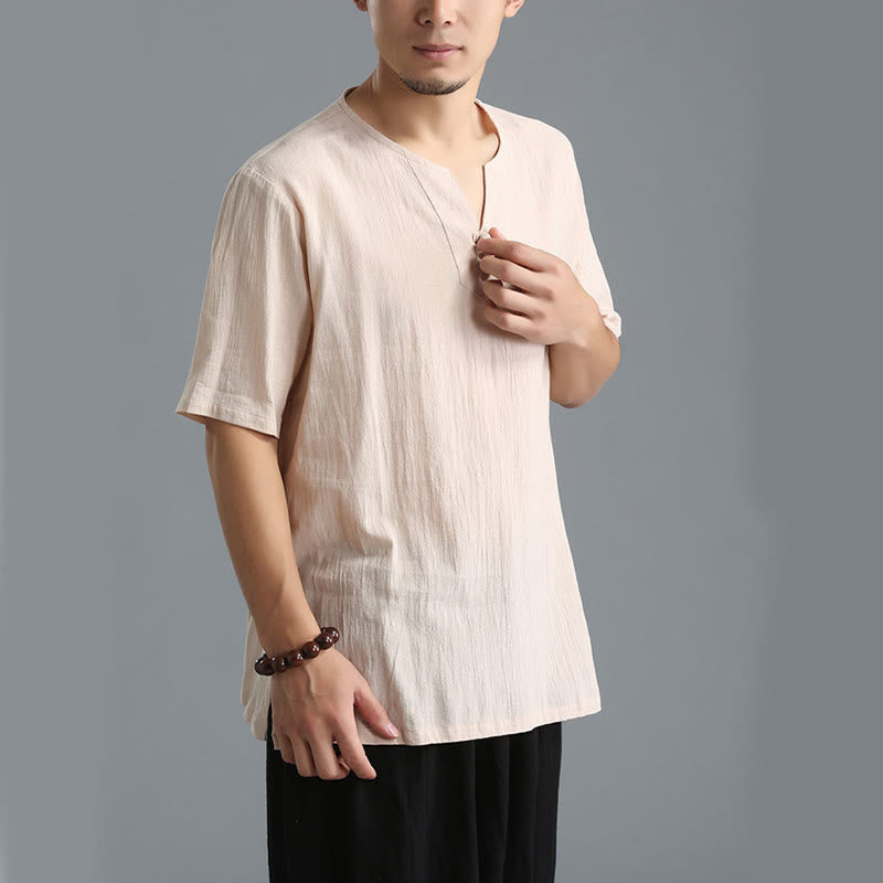 Buddha Stonesメンズ 無地 Vネック ボタン 半袖 コットンリネン シャツ