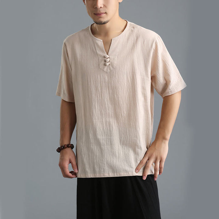 Buddha Stonesメンズ 無地 Vネック ボタン 半袖 コットンリネン シャツ