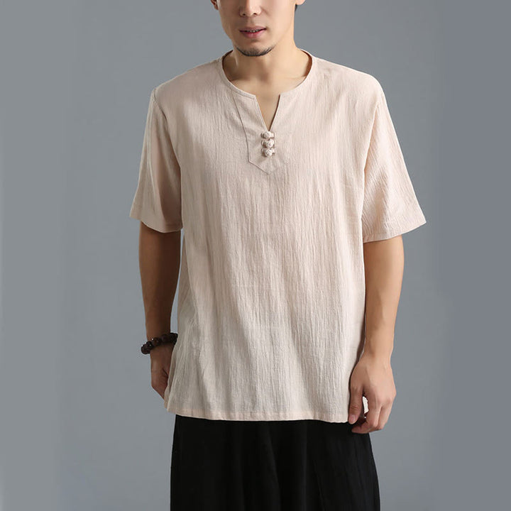 Buddha Stonesメンズ 無地 Vネック ボタン 半袖 コットンリネン シャツ
