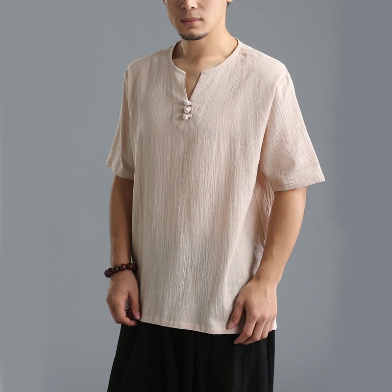 Buddha Stonesメンズ 無地 Vネック ボタン 半袖 コットンリネン シャツ