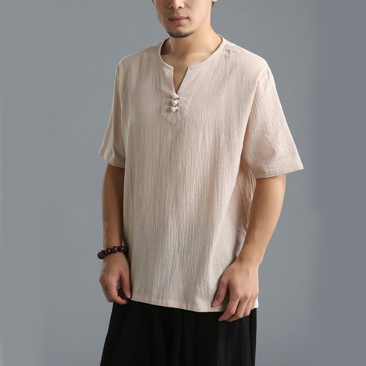 Buddha Stonesメンズ 無地 Vネック ボタン 半袖 コットンリネン シャツ