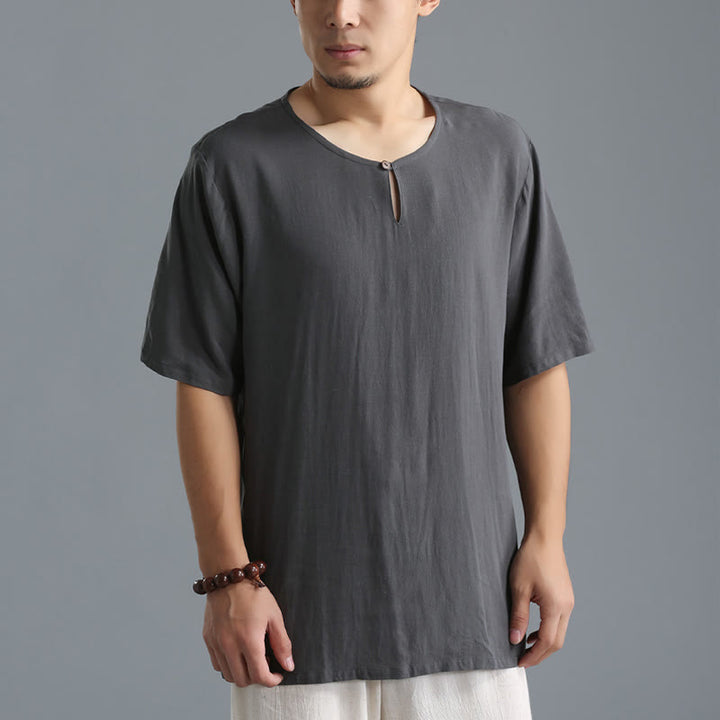 Buddha Stonesメンズ 無地 ラウンドネック 半袖 コットンリネン シャツ