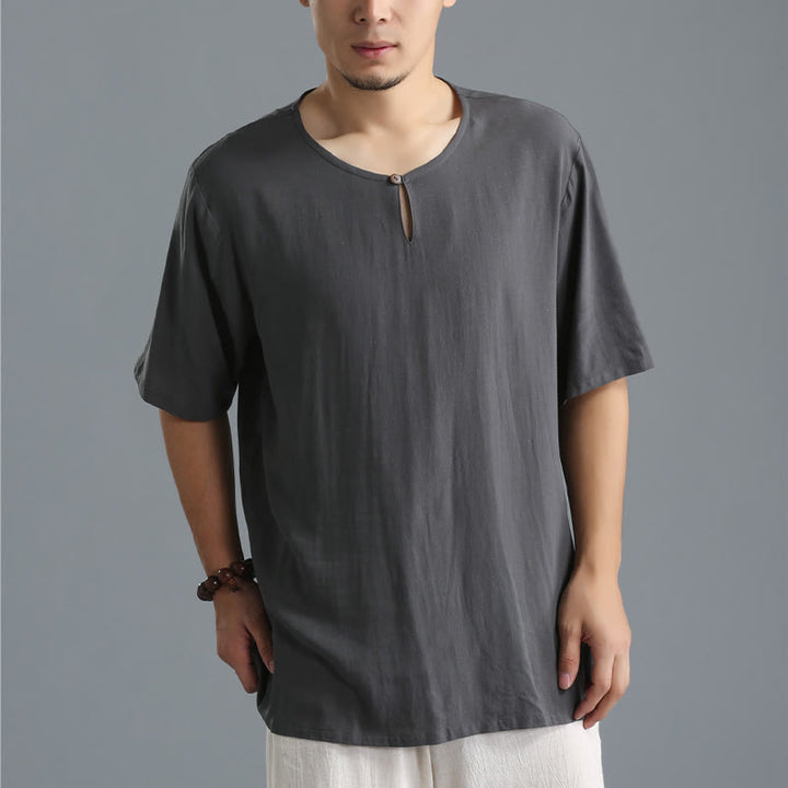 Buddha Stonesメンズ 無地 ラウンドネック 半袖 コットンリネン シャツ - image 2