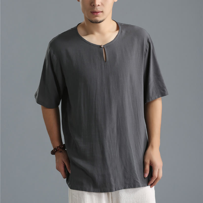 Buddha Stonesメンズ 無地 ラウンドネック 半袖 コットンリネン シャツ