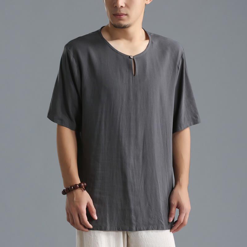 Buddha Stonesメンズ 無地 ラウンドネック 半袖 コットンリネン シャツ - image 1