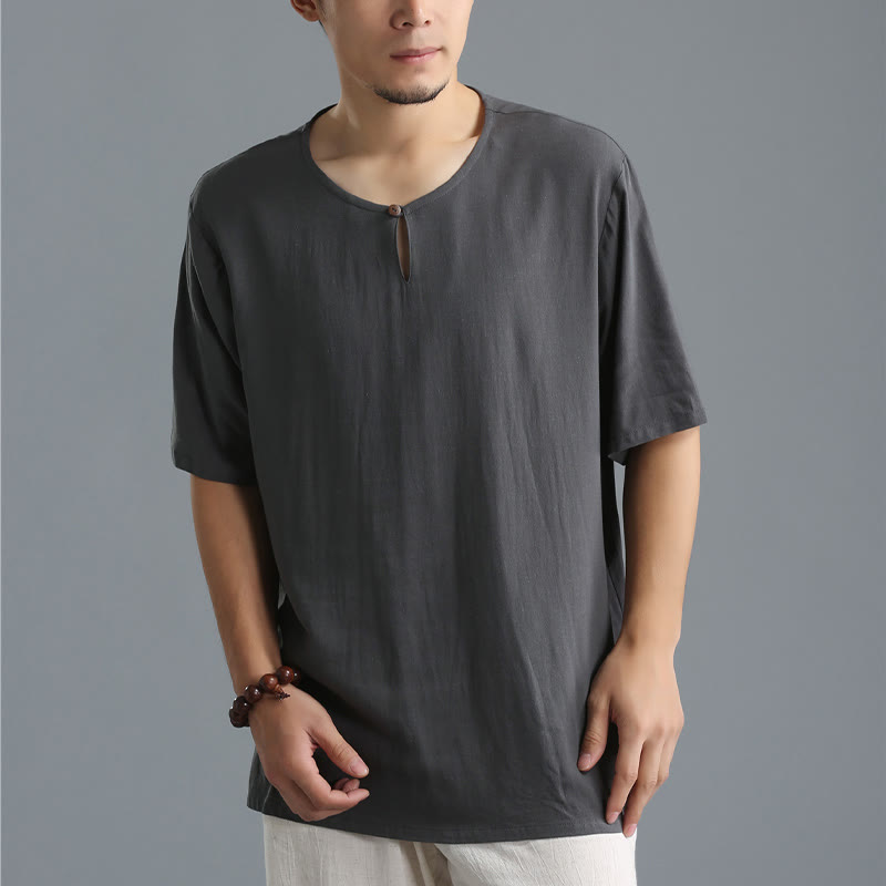 Buddha Stonesメンズ 無地 ラウンドネック 半袖 コットンリネン シャツ - image 4