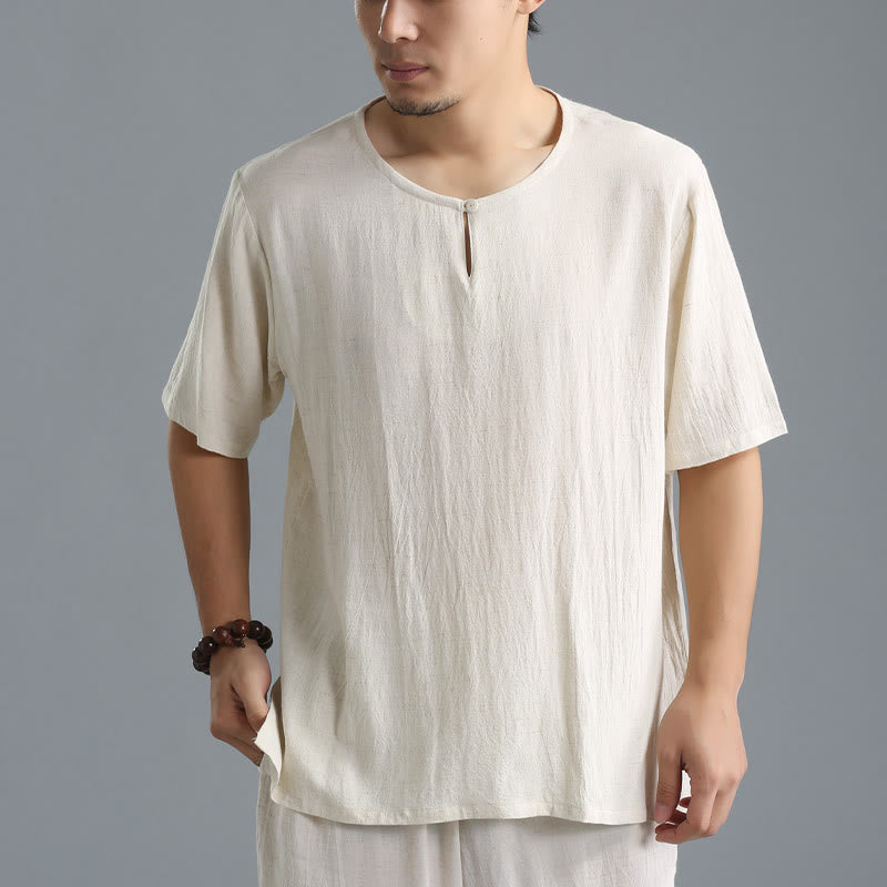 Buddha Stonesメンズ 無地 ラウンドネック 半袖 コットンリネン シャツ