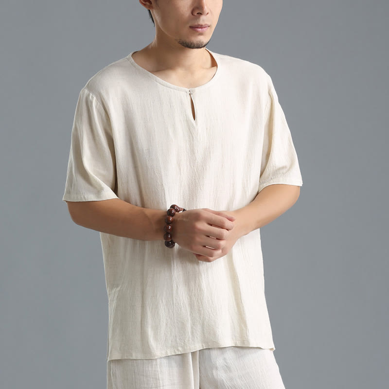 Buddha Stonesメンズ 無地 ラウンドネック 半袖 コットンリネン シャツ - image 12