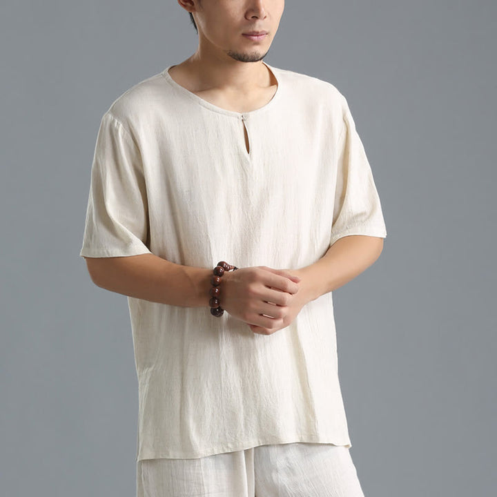 Buddha Stonesメンズ 無地 ラウンドネック 半袖 コットンリネン シャツ - image 12