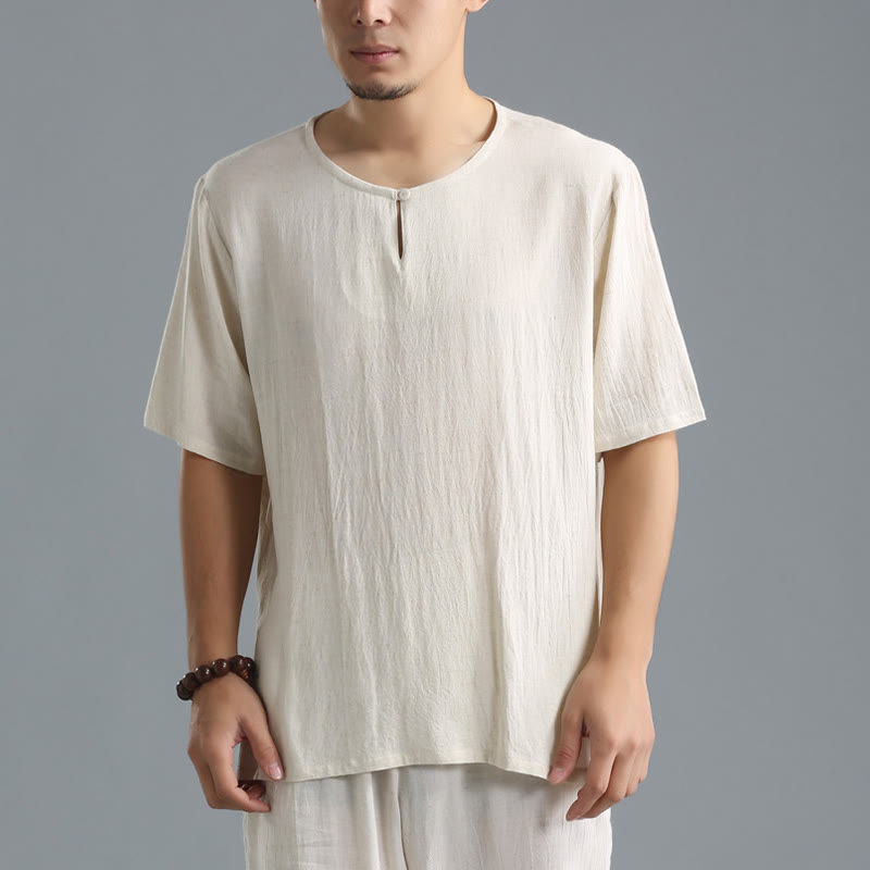 Buddha Stonesメンズ 無地 ラウンドネック 半袖 コットンリネン シャツ