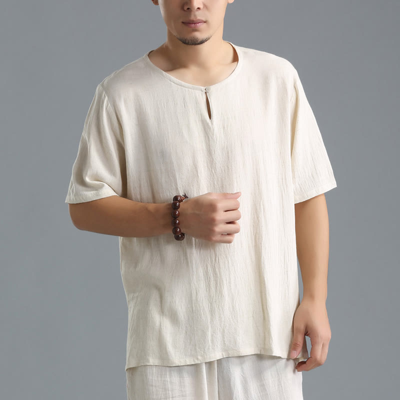 Buddha Stonesメンズ 無地 ラウンドネック 半袖 コットンリネン シャツ