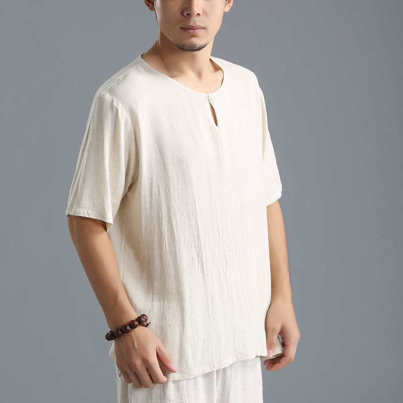 Buddha Stonesメンズ 無地 ラウンドネック 半袖 コットンリネン シャツ