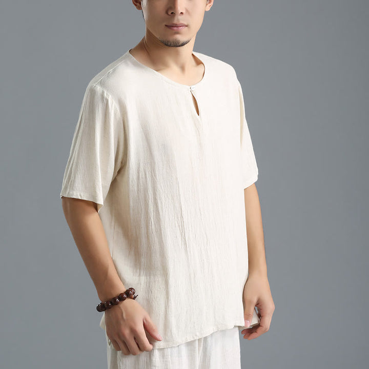 Buddha Stonesメンズ 無地 ラウンドネック 半袖 コットンリネン シャツ