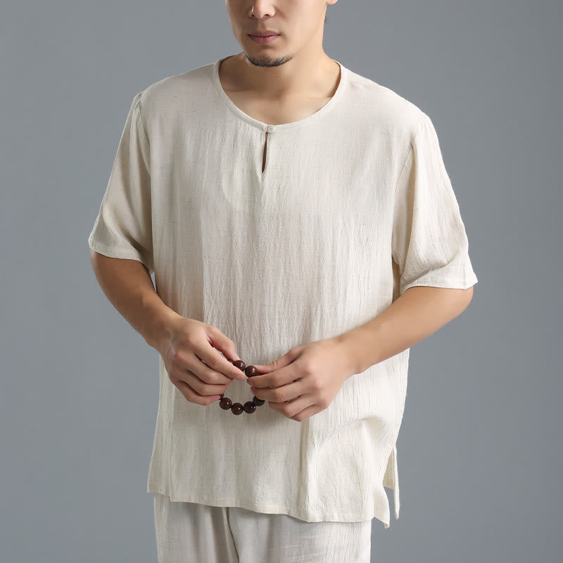 Buddha Stonesメンズ 無地 ラウンドネック 半袖 コットンリネン シャツ