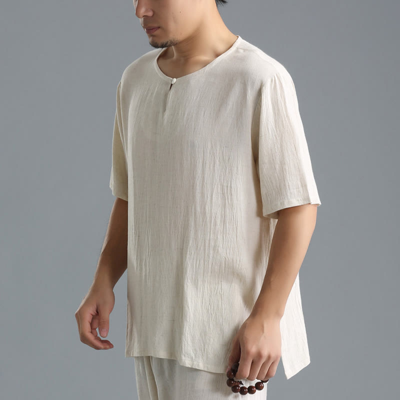 Buddha Stonesメンズ 無地 ラウンドネック 半袖 コットンリネン シャツ