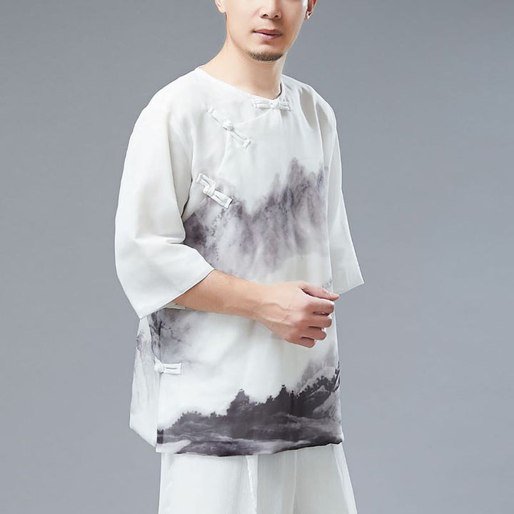 Buddha Stonesメンズ カエルボタン 山水画 半袖シャツ