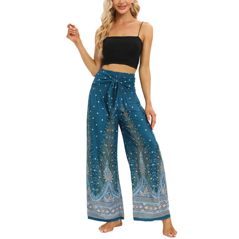 Buddha Stonesボヘミアン ピーコックフェザー レースアップ ワイドレッグパンツ レディース ヨガパンツ - image 12