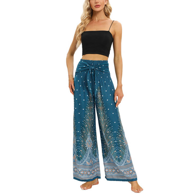 Buddha Stonesボヘミアン ピーコックフェザー レースアップ ワイドレッグパンツ レディース ヨガパンツ - image 15