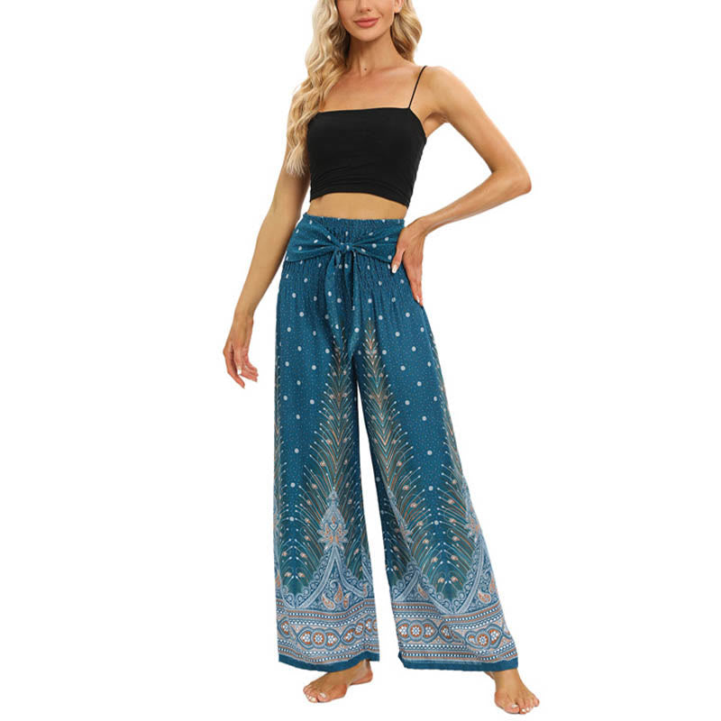 Buddha Stonesボヘミアン ピーコックフェザー レースアップ ワイドレッグパンツ レディース ヨガパンツ - image 16