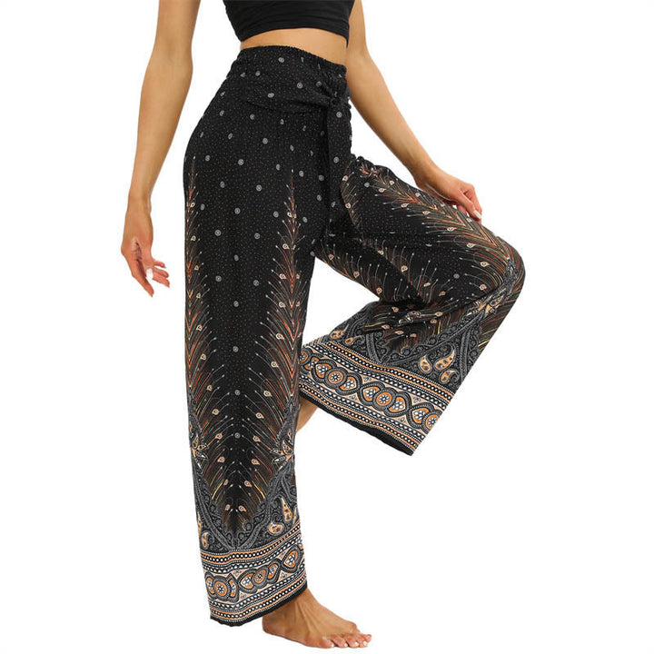 Buddha Stonesボヘミアン ピーコックフェザー レースアップ ワイドレッグパンツ レディース ヨガパンツ - image 4