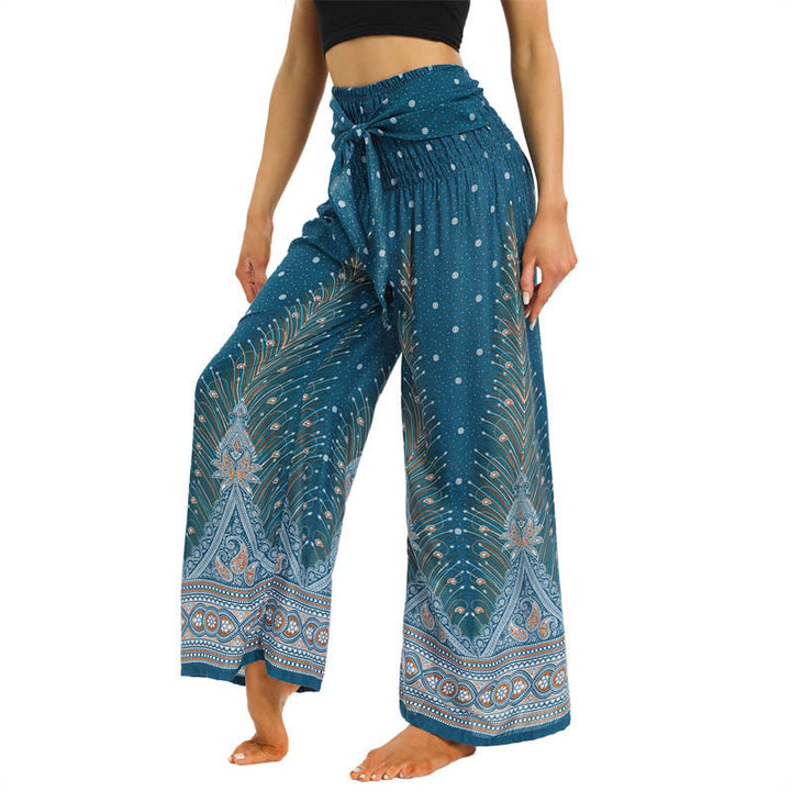 Buddha Stonesボヘミアン ピーコックフェザー レースアップ ワイドレッグパンツ レディース ヨガパンツ - image 10