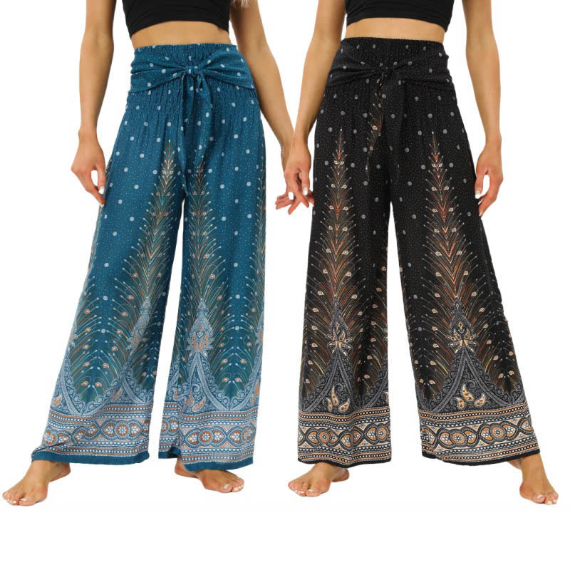 Buddha Stonesボヘミアン ピーコックフェザー レースアップ ワイドレッグパンツ レディース ヨガパンツ - image 0